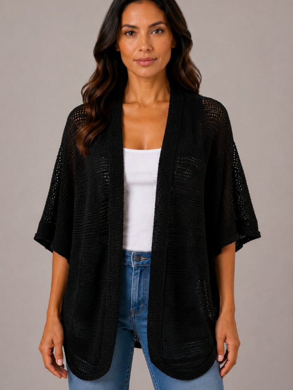 AGB Black Open Front Textured Knit Cocoon Cardigan Sweater XL